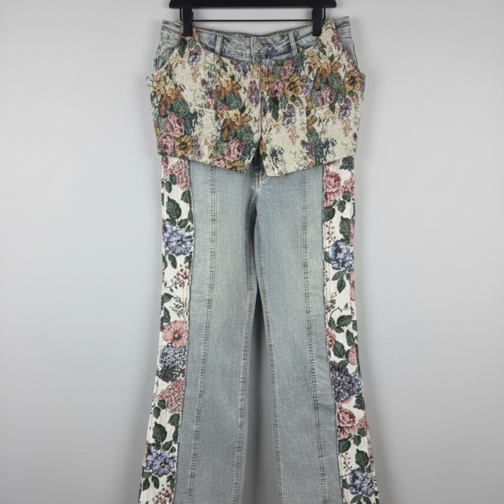 Bundle Set Fashion Nova Floral Tapastry Patchwork Flare Jeans - Multicolor